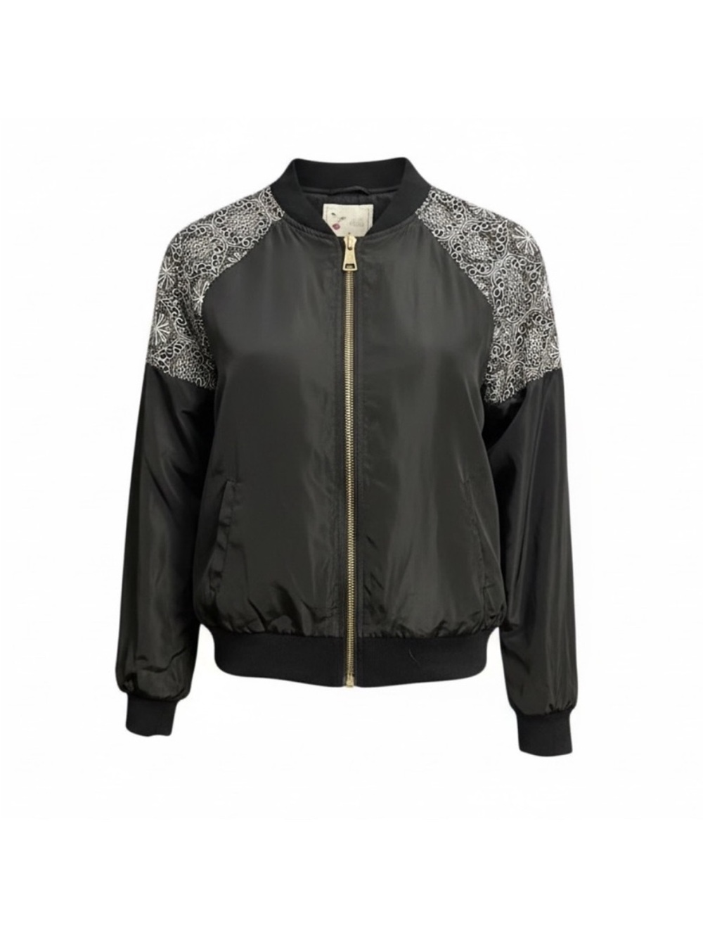 It Girl Black Bomber Jacket with White Lace-Print Shoulders